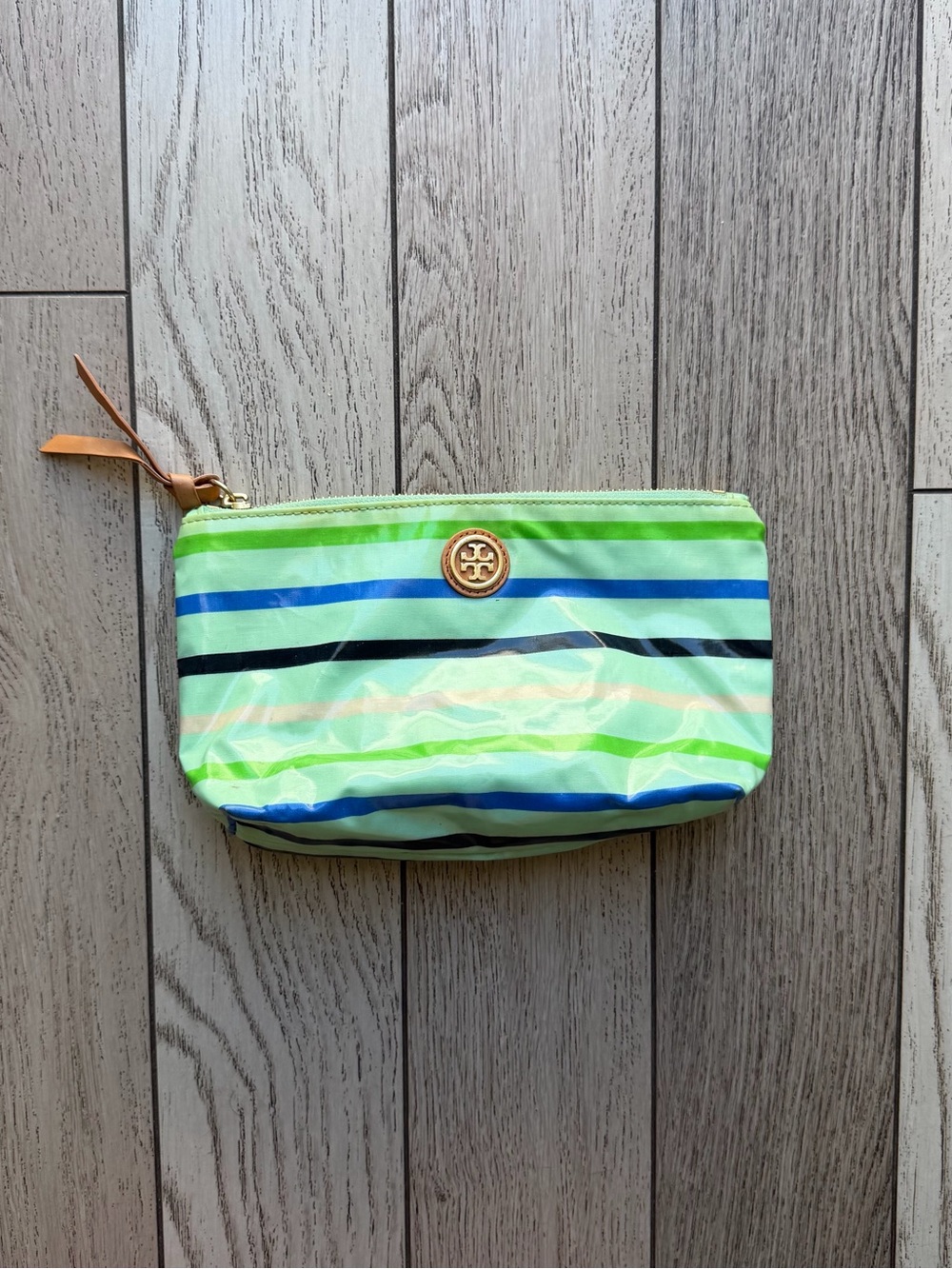 Tory Burch Neon Green and Blue Striped Zip Pouch